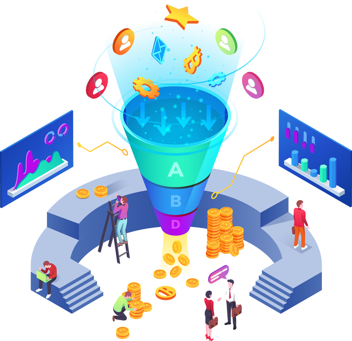 Isometric room with sale funnel generating sales